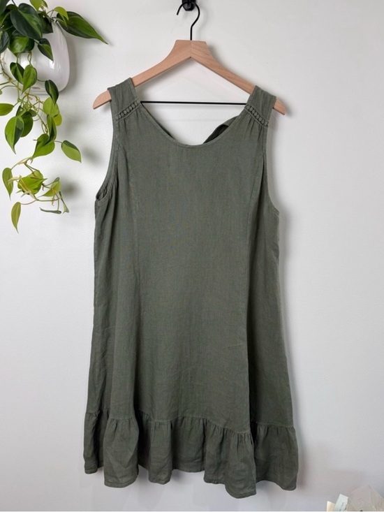 Terzo Millennio Dresses & Skirts - Linen Sleeveless Ruffle-Hem Dress in Olive Green